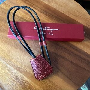 Authentic Salvatore Ferragamo Red and Black Croc-Embossed Leather Clochette